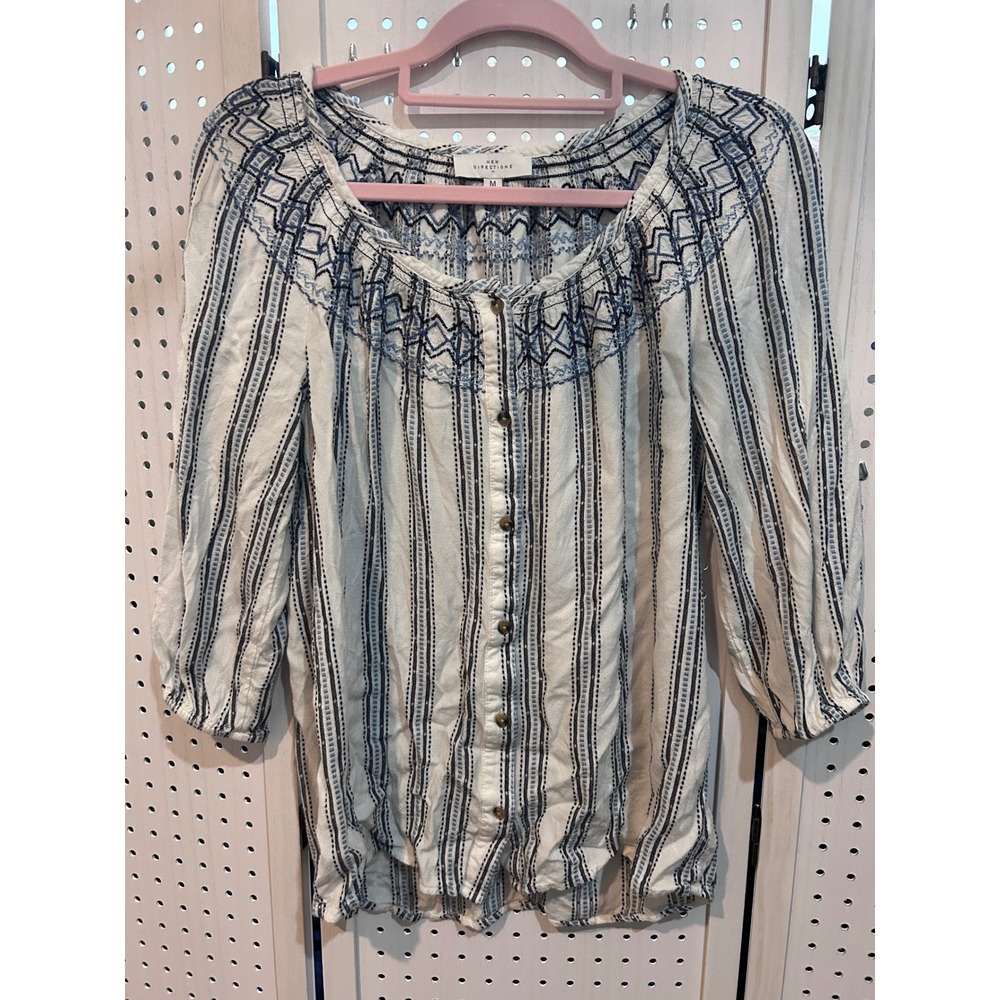 New‎ Directions Viscose White Blue Striped Embroidered Blouse Top Size Medium